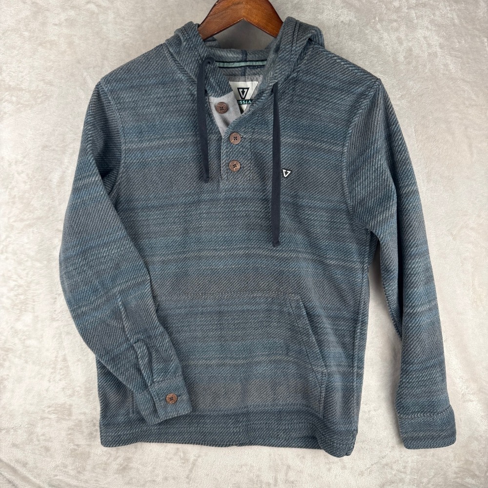 Vissla Mens Henley Hoodie Sweatshirt Blue Grey Textured Stripe Small